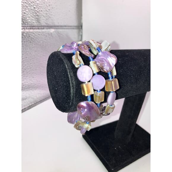 Purple South Seas Baroque Pearls Beaded Memory Wire Bracelet! - Picture 4 of 12